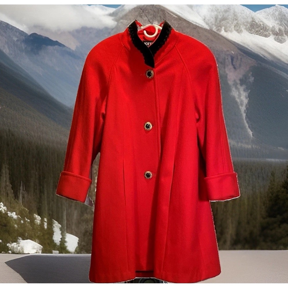 VTG Medium Jofeld Women's Wool Midi Coat Red Black Trim Jackie O Old Money Clean